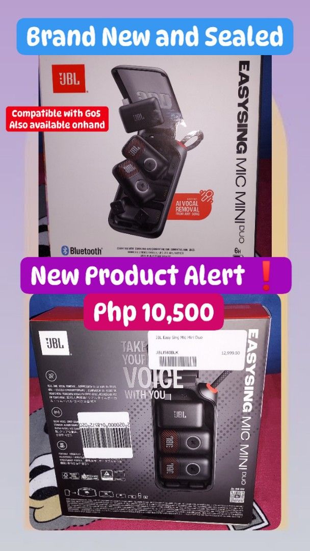 JBL EasySing Mic Mini Duo (Category: Microphones) located in Manila. Submitted by pinkymary05 (Listing ID 1470554064, Image 1). Description: - Brand new & factory sealed JBL EasySing Mic Mini Duo - Includes 2 wireless microphones and a charging case - Built-in AI vocal removal feature for instant KTV mode - Seamless Bluetooth connectivity - Compact and portable design, easy to carry anywhere.