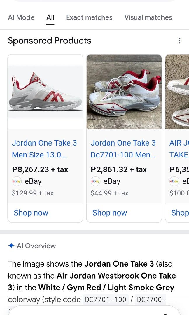 JORDAN ONE TAKE 3 SHOES SIZE 6.5 MEN (Category: Sneakers) located in General Mariano Alvarez. Submitted by adonid (Listing ID 1470360649, Image 2). Description: JORDAN ONE TAKE 3 SHOES SIZE 6.5 MEN ISSUE KITA SA PIC SIRA YUNG PASUKAN NG SINTAS PAGAWA NYU N LANG SIGN OF USAGE LOC. GMA CAVITE PHP 700.