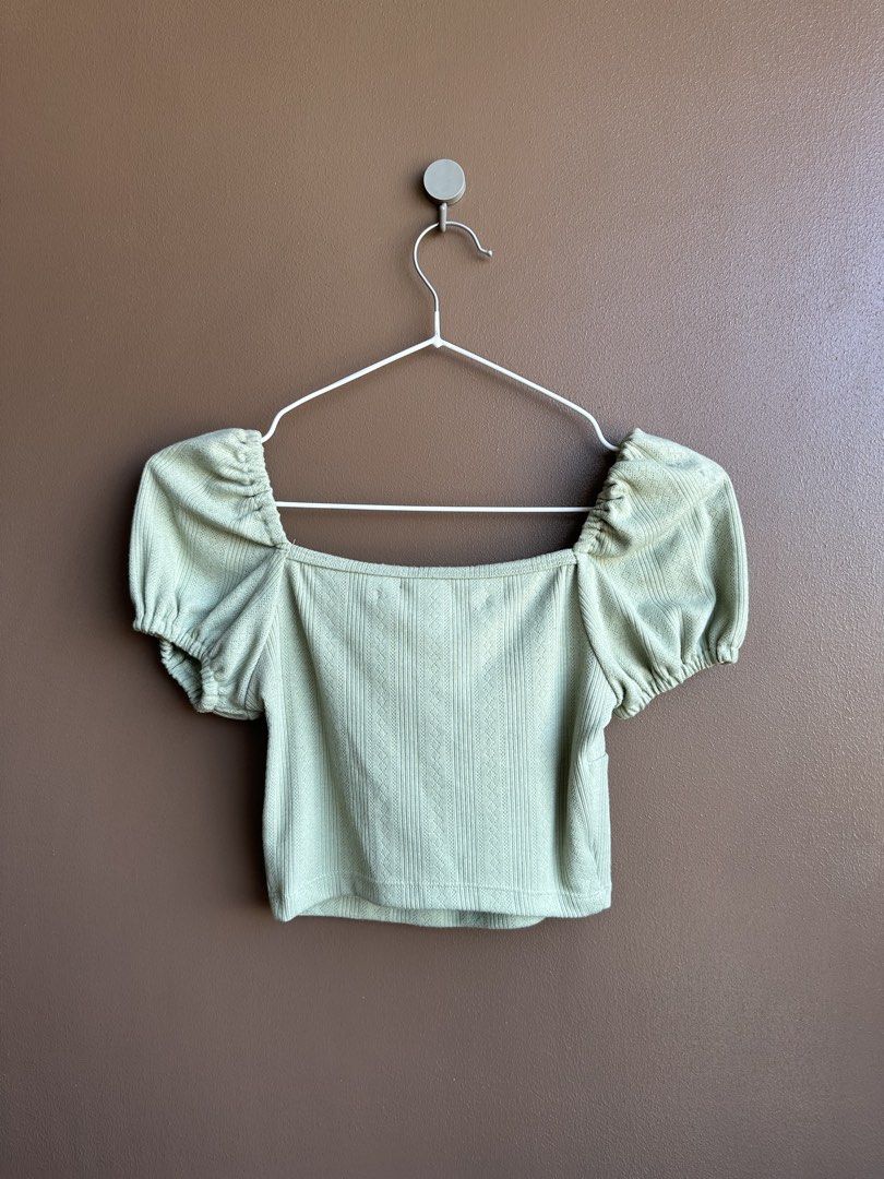 Just G pointelle overlap top with puff sleeve (Category: Blouses) located in Pasig City. Submitted by afterglowpreloved (Listing ID 1470459903, Image 3). Description: .