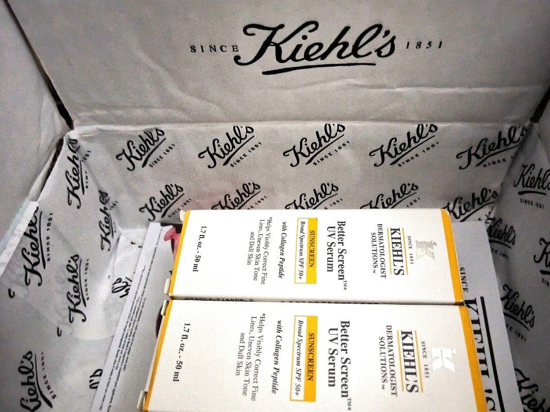 Kiehl's Better Screen UV Serum Sunscreen 50ml (Category: Face Care) located in Quezon City. Submitted by my.shope.exp (Listing ID 1470359217, Image 2). Description: - Item: Kiehl's Better Screen UV Serum SPF 50+ - Quantity: 1 - Size: 1.7 fl oz / 50 ml per bottle - Condition: Brand new, unopened, and in original packaging - Key Benefits: Broad spectrum sun protection, infused with collagen peptide to target fine lines, uneven skin tone, and dullne