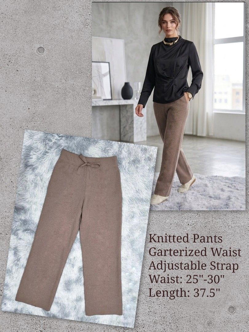 Knitted Pants (Category: Other Bottoms) located in General Trias. Submitted by relove_closet8 (Listing ID 1470397878, Image 1). Description: • Washed and never used. • Thick knitted fabric. • Garterized and w/ adjustable strap. • Buyer handles shipping fee and book J&T or Lalamove only. • Payment first via bank transfer or e-wallet • No cancellation/return/refund of orders. 📍Lancaster, General Trias (Weekdays) 📍Las Piñas (Saturday & Sunday).