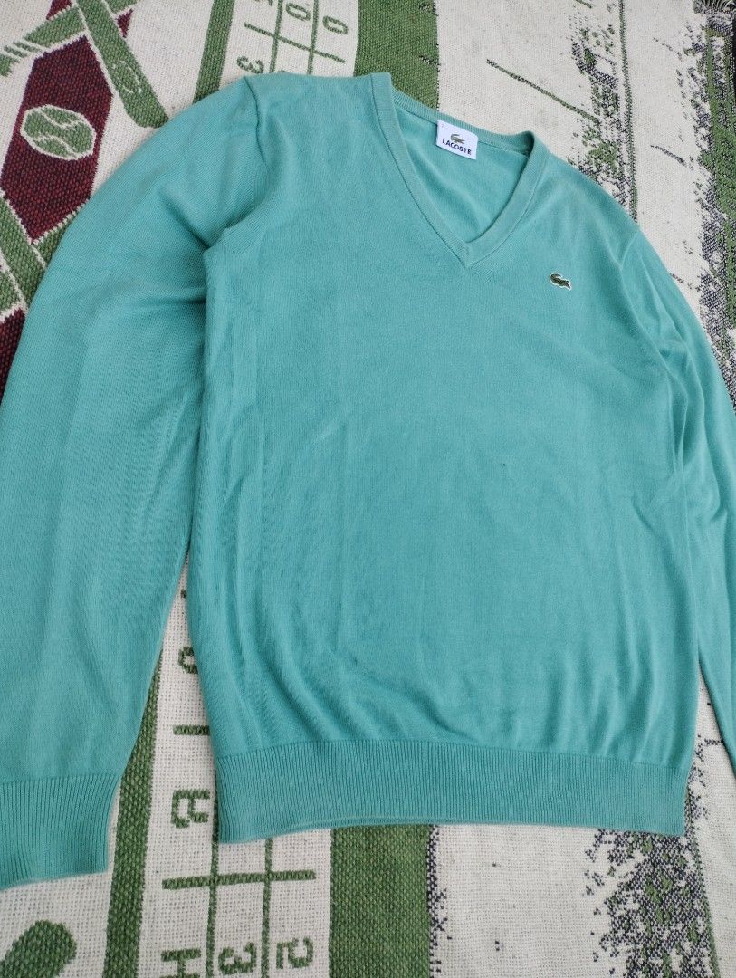 Lacoste V Neck Knitted Mint Sweater (Category: Others Tops) located in Zamboanga. Submitted by vintagetreasures.zc (Listing ID 1470518361, Image 2). Description: Lacoste V Neck Knitted 18W / 23L M Women 10/10 Colour Rate Excellent Condition No Issue / Ready to Wear 800 + SF.