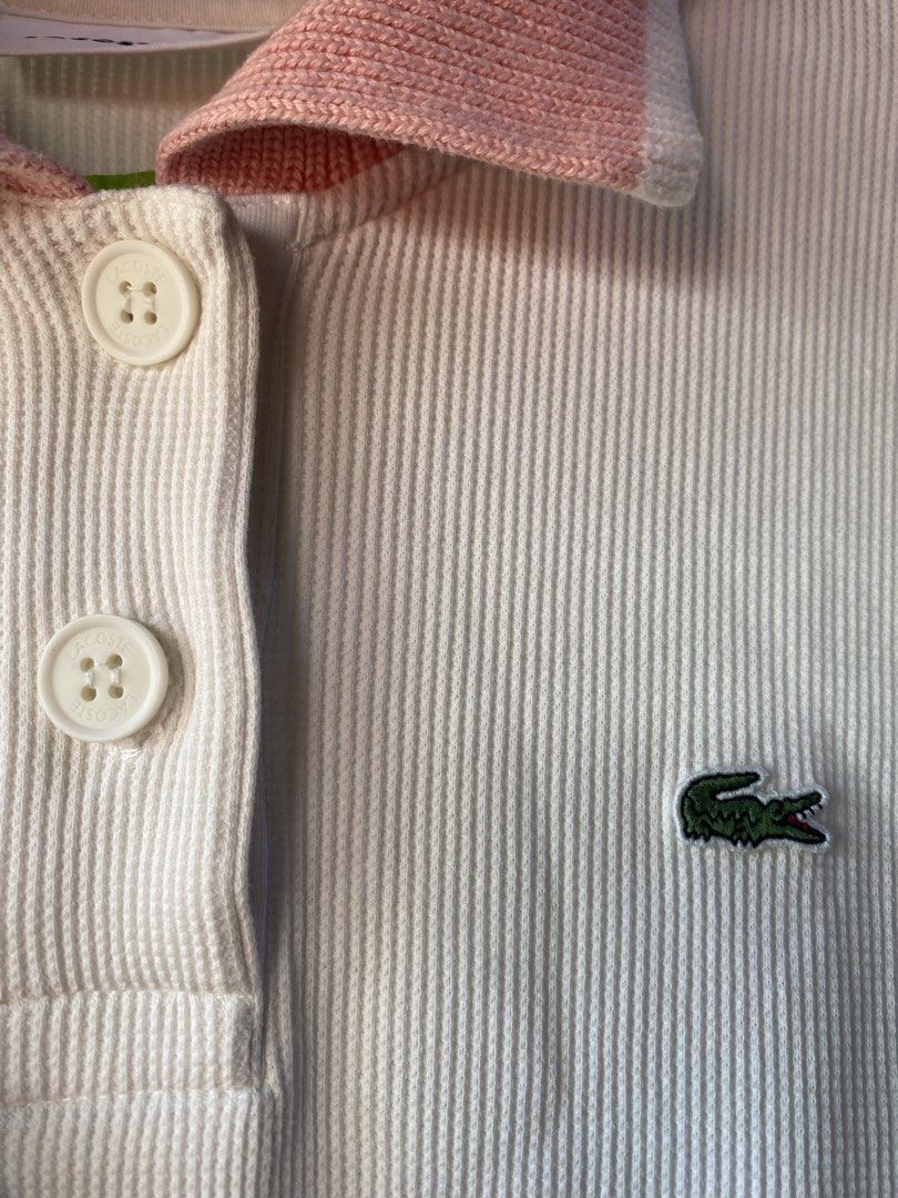 Lacoste Waffle Dress Polo (Category: Dresses) located in Kalibo. Submitted by rvna23 (Listing ID 1470376284, Image 3). Description: Lacoste white waffle-knit polo shirt featuring a pink ribbed collar and multi-colored striped cuffs dimes 34 x 19 no issue .