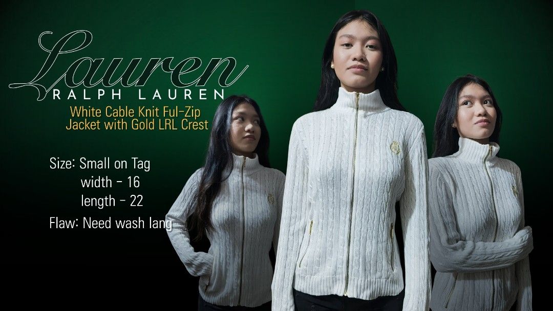 RL Ralph Lauren White Knitted Jacket (Category: Coats, Jackets and Outerwear) located in Batangas. Submitted by arbi_sel (Listing ID 1470492042, Image 1). Description: - Brand: Lauren Ralph Lauren - Style: Cable knit full-zip jacket - Color: White with gold-tone hardware - Details: Embroidered LRL crest on the chest - Size: Small (16" width x 22" length) - Model: 5'0 - Needs a wash before wearing.