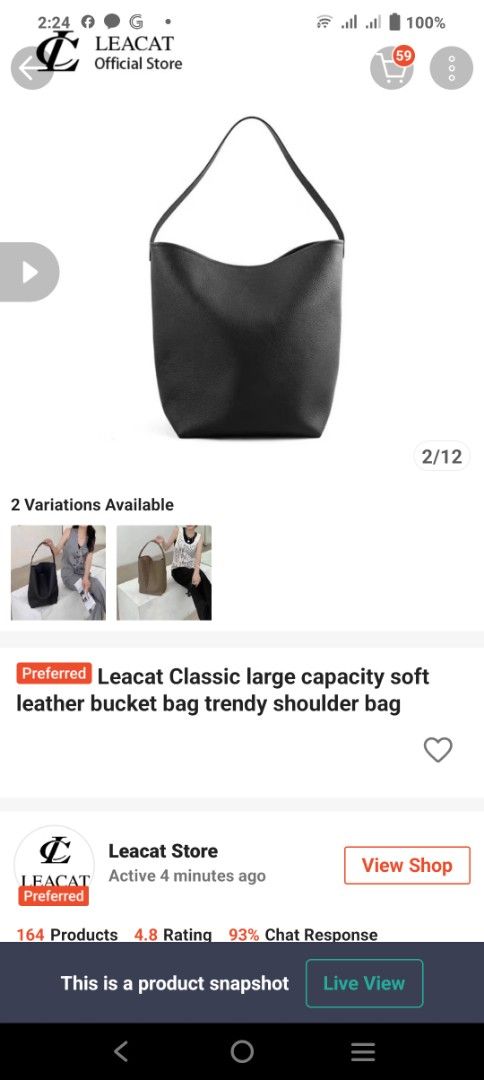 Leacat Classic Large Capacity Soft Leather Bucket Bag (Category: Shoulder Bags) located in Las Pinas. Submitted by bilibili7777 (Listing ID 1470404315, Image 1). Description: - Brand: Leacat - Color: Classic Black - Style: Slouchy structured bucket bag - Material: Soft leather - Capacity: Large, roomy daily carryall - Strap: Comfortable under-arm drop - Versatility: Solid color matches any casual outfit.