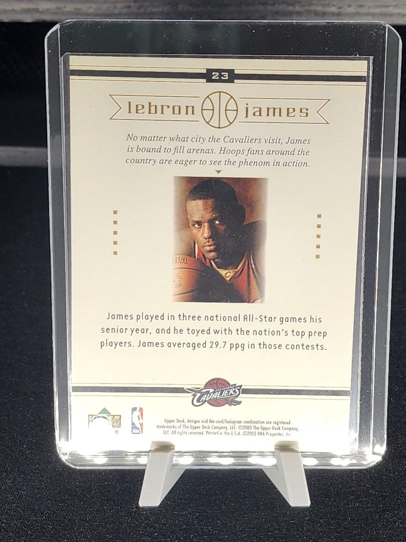 LeBron James (Category: Raw Singles) located in Manila. Submitted by kg613 (Listing ID 1470380107, Image 2). Description: - Item: 2003 LeBron James Upper Deck Basketball Card - Front Design: LeBron James with an iconic American flag background - Back Design: Senior high school stats, player bio, small portrait, Upper Deck, and Cleveland Cavaliers logos - Condition: Protected and stored inside a top loader case - Ideal for: Basketball fans, sports