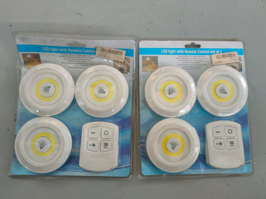 LED Light with Remote Control Set of 3 (2 packs available) (Category: Lighting) located in Manila. Submitted by billythekid05 (Listing ID 1470423285, Image 1). Description: - 2 packs of LED puck lights (total 3 lights + 1 remote per pack) - Adjustable brightness and 30-minute timer function - Easy peel-and-stick adhesive mounting - Battery-operated (runs on AAA batteries) - Brand new and unused (packaging has minor price sticker residue).