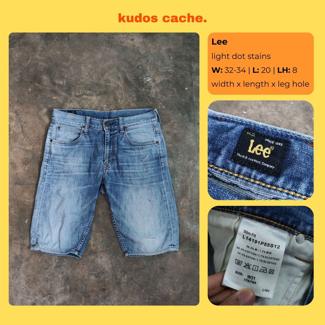 Lee Slim Fit Denim Shorts (Category: Shorts) located in Rosales. Submitted by kudoscache (Listing ID 1470430481, Image 1). Description: - Brand: Lee - Waist: 32-34 | Length: 20 - Color: Light blue - slightly nego payment: maribank / gotyme courier: J&T.