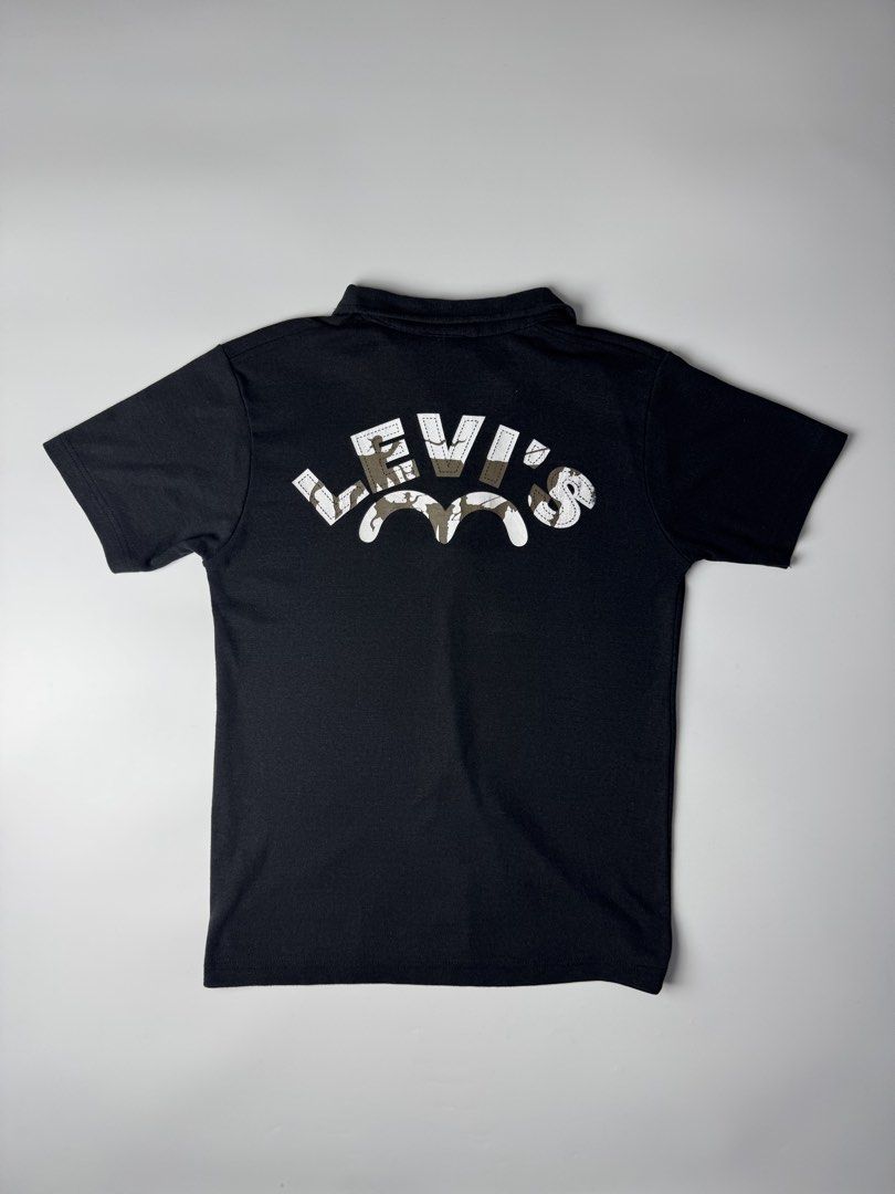 Levi's 501 Black Polo Shirt (Category: Tshirts & Polo Shirts ) located in Cavite. Submitted by dracokidstuff (Listing ID 1470375352, Image 2). Description: - Brand: Levi's Red Tab 501 - Color: Black - Size: Men's Medium - Design: Graphic print on chest, script logo near hem, large branding on back shoulders - Style: Short sleeves, classic collar, V-neck placket - Pit-to-Pit: ~20.5 inches - Length: ~24.5 inches.