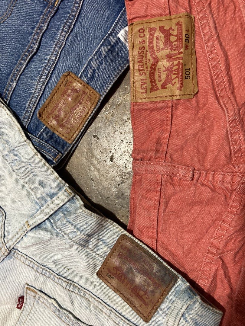 Levi's 501 Denim Shorts Bundle (Sizes W27, W30) (Category: Shorts) located in Pasay City. Submitted by ken_98 (Listing ID 1470358857, Image 2). Description: - Brand: Levi's 501 - Quantity: 3 pairs (Light wash, medium wash, and coral pink cuffed) - Fit: Classic high-waisted - Details: Button fly closures, raw hems, and genuine leather back patches - Style: Ultimate summer streetwear staple - Availability: Selling as a bundle or separate pairs.