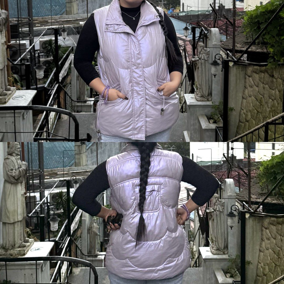 Light Purple Metallic Puffer Vest (Category: Coats, Jackets and Outerwear) located in Binan City. Submitted by jjazrylle (Listing ID 1470549642, Image 1). Description: color: shiny light purple (parang holographic/ metallic) size: 5XL on tag, but can fit m-xl lang condition: 10/10 (once used).