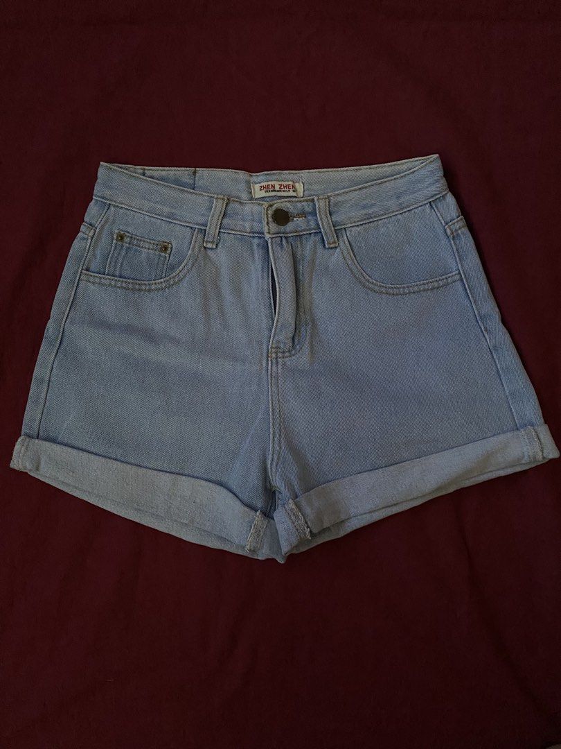 Light Wash Denim Shorts Cuffed Hem (Category: Shorts) located in Manila. Submitted by love_mami (Listing ID 1470439526, Image 1). Description: - Size: 26 - Condition: 9-10 - Brand: Zhen Zhen - Style: High-waisted denim shorts in a light wash - Closure: Button fly and zippered closure - Details: Folded cuffed hems, classic five-pocket setup, contrast stitching, and back leather brand patch - Condition: Excellent - Perfect casual staple for warmer 