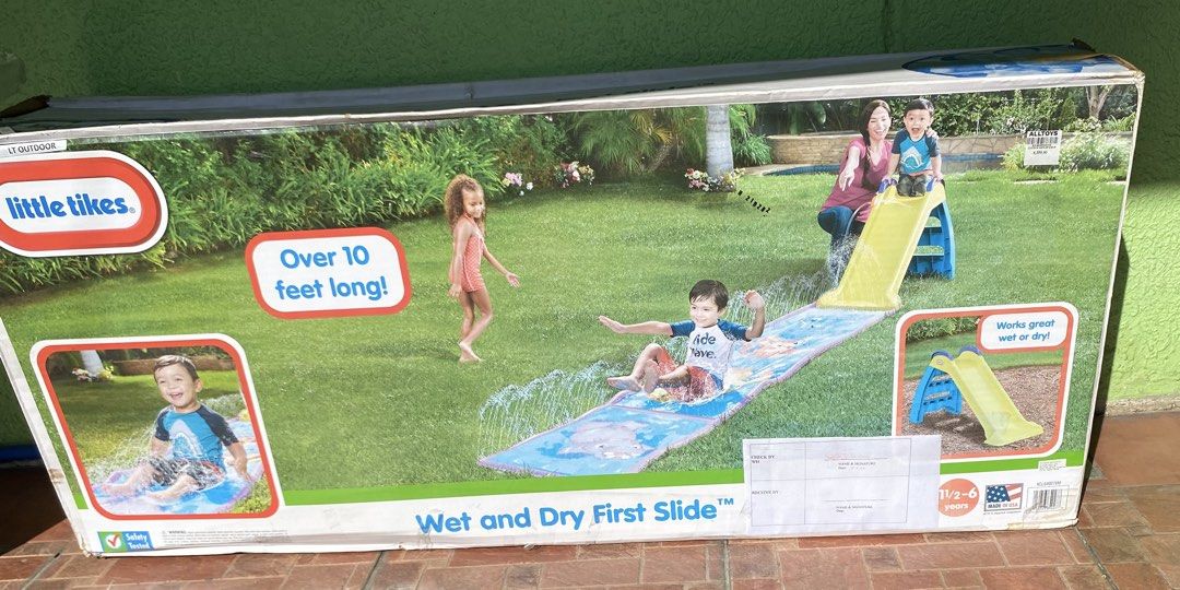 Little Tikes Wet and Dry First Slide (Category: Infant Playtime) located in Muntinlupa City. Submitted by bloo_berry (Listing ID 1470357136, Image 1). Description: - Brand: Little Tikes Wet and Dry First Slide - Age Range: Suitable for toddlers aged 2 to 6 years old - Size: Over 10 feet long total - Features: Includes water attachment for versatile wet or dry play in the backyard - Condition: Brand new, unopened package in the original box.
