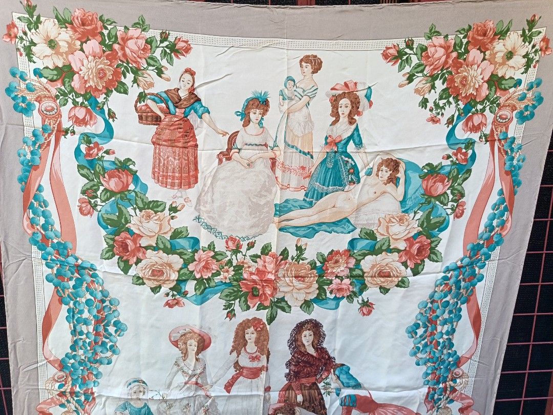 Loevve (Category: Scarves) located in Aroroy. Submitted by vin2za06 (Listing ID 1470352875, Image 3). Description: This item appears to be a vintage Loewe silk scarf featuring the "Mujeres de Goya" design, which pays homage to the female portraits and scenes painted by Francisco Goya..