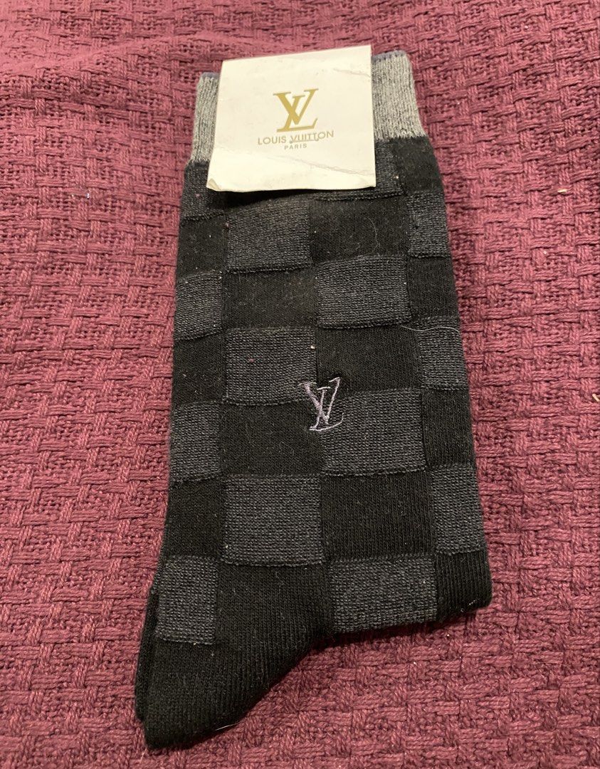 Louis Vuitton Damier Pattern Socks Black Grey (Category: Socks) located in Muntinlupa City. Submitted by mj.finds (Listing ID 1470491095, Image 1). Description: - Louis Vuitton crew socks - Classic black and grey checkered Damier pattern - Features embroidered LV logo on the side - Premium blend of 90% mercerized cotton and 10% nylon - Made in France - Brand new, unworn with paper tag attached.