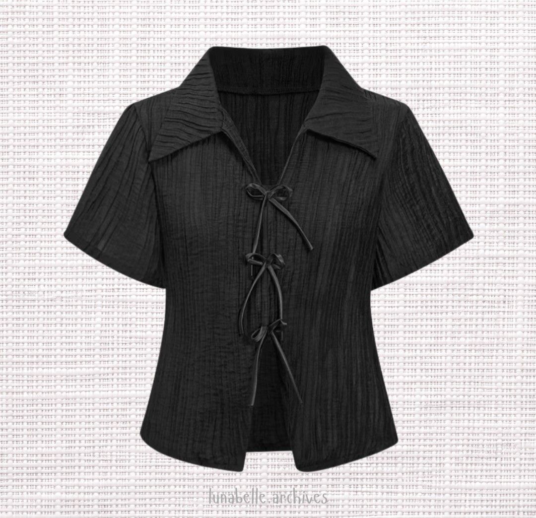 Lovito Black Jacquard Bow Ribbon Blouse Top (Category: Blouses) located in Taguig. Submitted by lunabelle.thrifts (Listing ID 1470434745, Image 1). Description: ୨୧ good condition, no issues ୨୧ size: m–l | fits up to 40" bust ୨୧ already washed & ready to wear ♡.