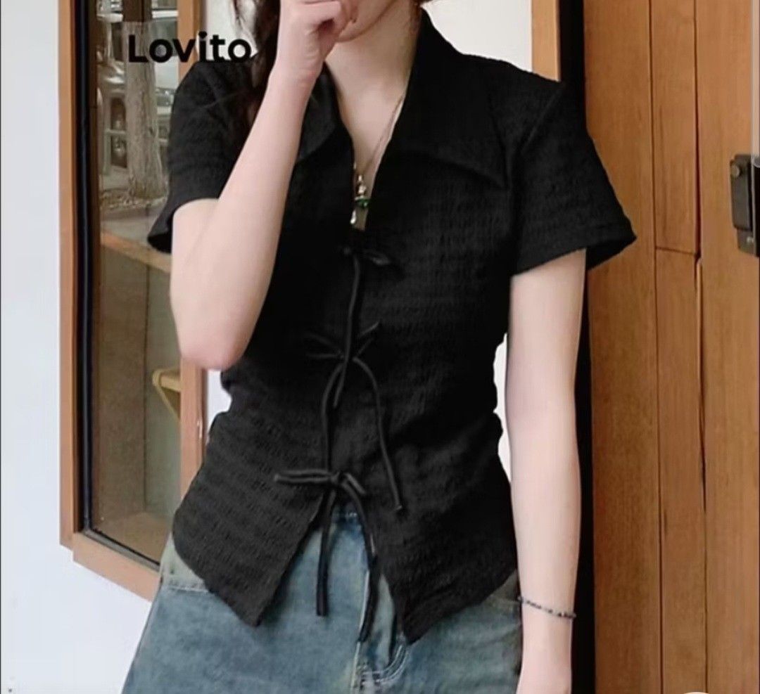 Lovito Black Jacquard Bow Ribbon Blouse Top (Category: Blouses) located in Taguig. Submitted by lunabelle.thrifts (Listing ID 1470434745, Image 2). Description: ୨୧ good condition, no issues ୨୧ size: m–l | fits up to 40" bust ୨୧ already washed & ready to wear ♡.
