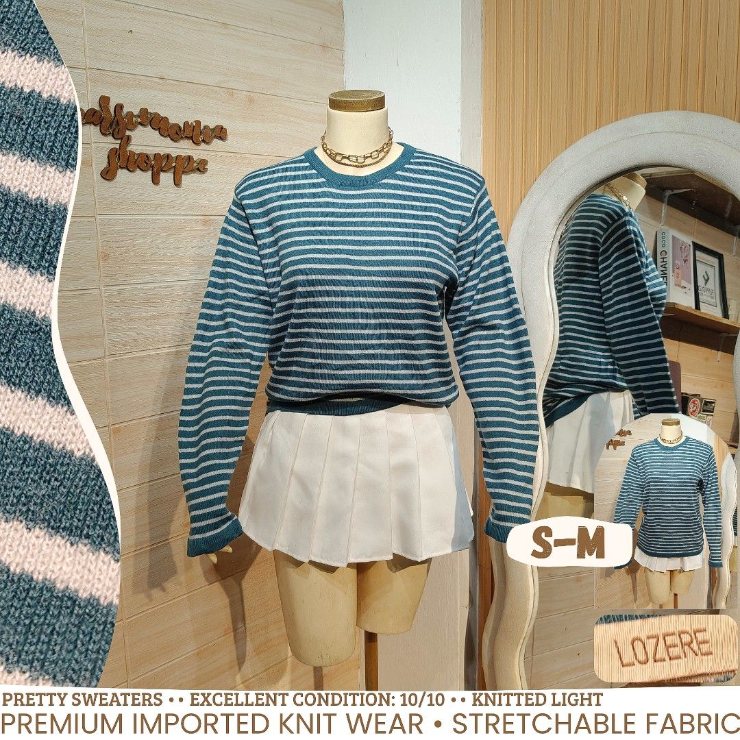 Lozere Blue Striped Knit Sweater Freesize no issues (Category: Longsleeves) located in Bulacan. Submitted by alyssarys (Listing ID 1470515165, Image 1). Description: - Brand/Style: Lozere knit sweater - Pattern: Classic blue and white stripes all over - Fit: Best fits sizes Small to Medium - Material: Soft, lightweight, and stretchy knit fabric - Design: Crew neck with long sleeves and a clean, detailed texture.