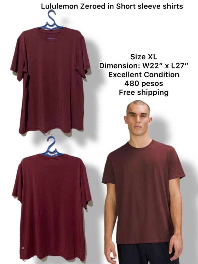 Lululemon Zeroed In Short Sleeve Shirt Size XL (Category: Activewear) located in Meycauayan. Submitted by epicforest_231b9d (Listing ID 1470353057, Image 1). Description: - Brand: Lululemon - Style: Zeroed In Short Sleeve Shirt - Color: Maroon Red - Size: XL - Dimensions: Width 22" x Length 27" - Fit: Regular fit with crew neckline and short sleeves - Details: Soft fabric with iconic small reflective logo near bottom hem - Condition: Clean, well 