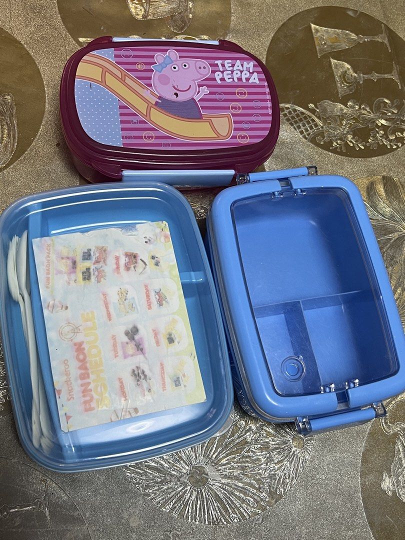 Lunch box set (Category: Food Organization & Storage) located in Quezon City. Submitted by justlei (Listing ID 1470379130, Image 1). Description: Used with care. TAKE ALL ₱20.00 Peppa pig - may tuklap lang sa print Plain blue - nawala lang yung takip dun sa labasan ng steam Snackeroo - washed but never used. May sticker lang sya. .