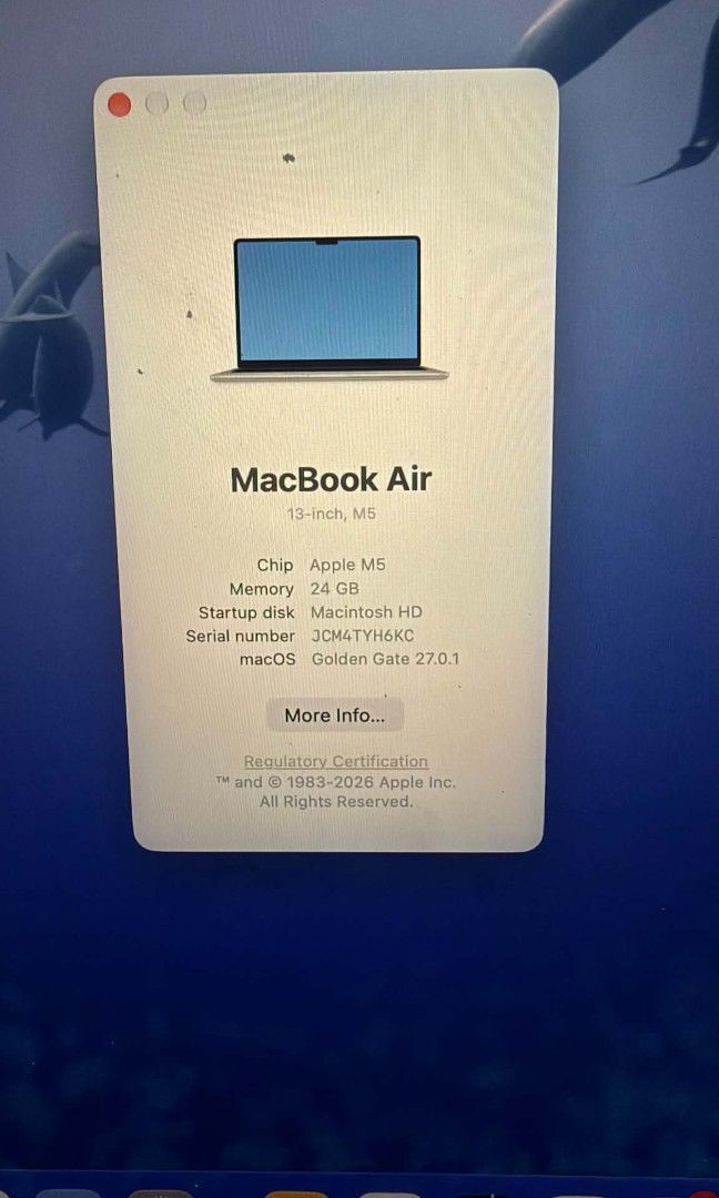 Macbook Air (Category: Laptops & Notebooks) located in Malabon City. Submitted by mrsuabae (Listing ID 1470495583, Image 3). Description: FOR SALE: MacBook Air M5 13-inch | 24GB RAM | 1TB SSD Purchased for ₱119,490 around 2–3 months ago. Rarely used. • Apple M5 chip • 24GB unified memory • 1TB SSD storage • 13.6-inch Liquid Retina display • 100% battery maximum capacity • Battery condition: Normal • Apple Limited Warranty until August 29, 2027 In