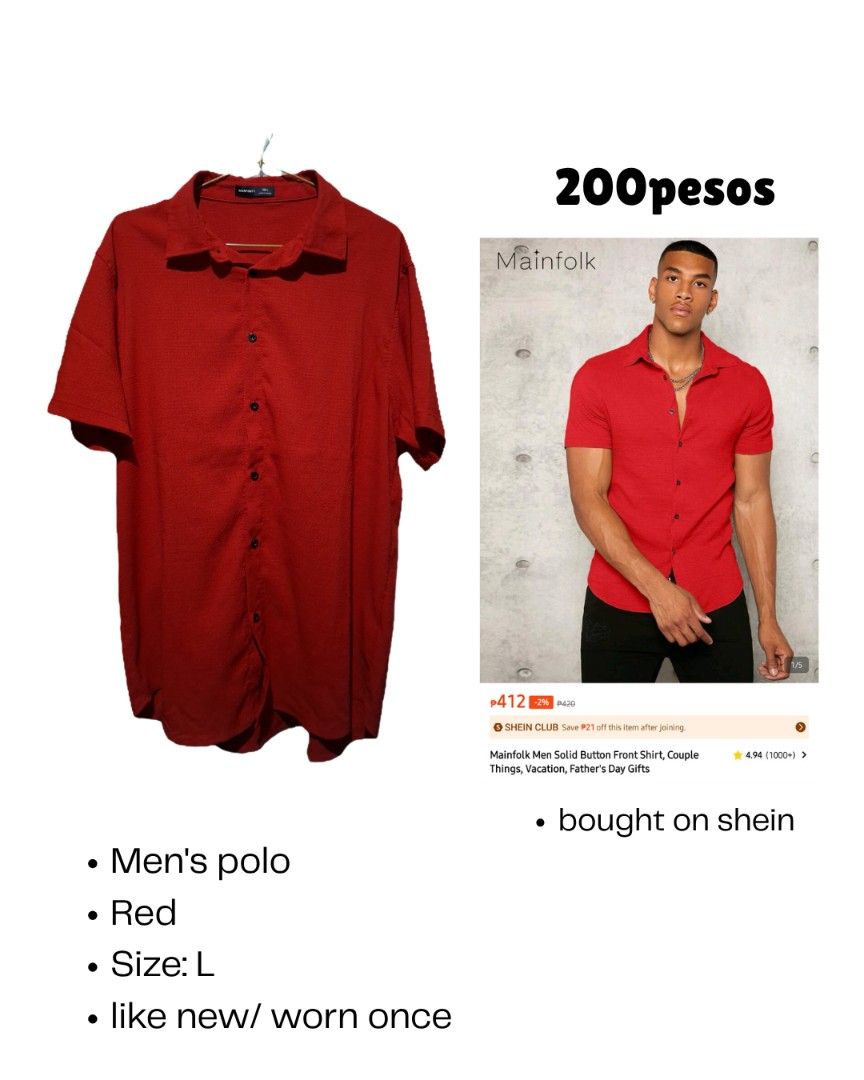 Mainfolk Men Solid Button Front Shirt Red Size L (Category: Tshirts & Polo Shirts ) located in Manila. Submitted by etan.04 (Listing ID 1470398170, Image 1). Description: - Brand: Mainfolk - Item: Men's Solid Button Front Shirt - Color: Red - Size: L - Style: Short sleeve with classic collar - Source: Bought on Shein - Condition: Worn only once, basically pristine - Perfect for: Casual wear, everyday outfits, or vacations.
