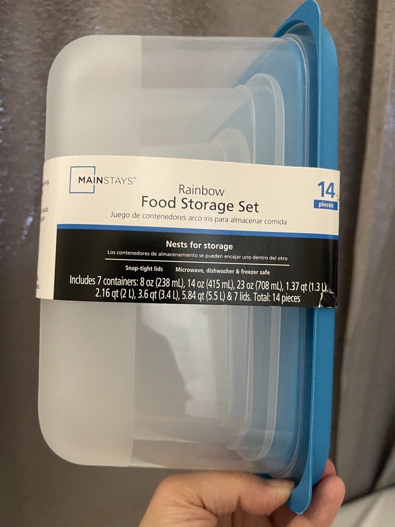Mainstays Rainbow Food Storage Set 14 Pieces (Category: Food Organization & Storage) located in Paranaque City. Submitted by claire.bam (Listing ID 1470383262, Image 3). Description: Mainstays 14-piece rainbow food storage set. Includes 7 containers and 7 snap-tight lids in various sizes from 8 oz up to 5.84 qt. Nests together nicely to save cabinet space. Microwave, dishwasher, and freezer safe. Brand new in original packaging with label attache