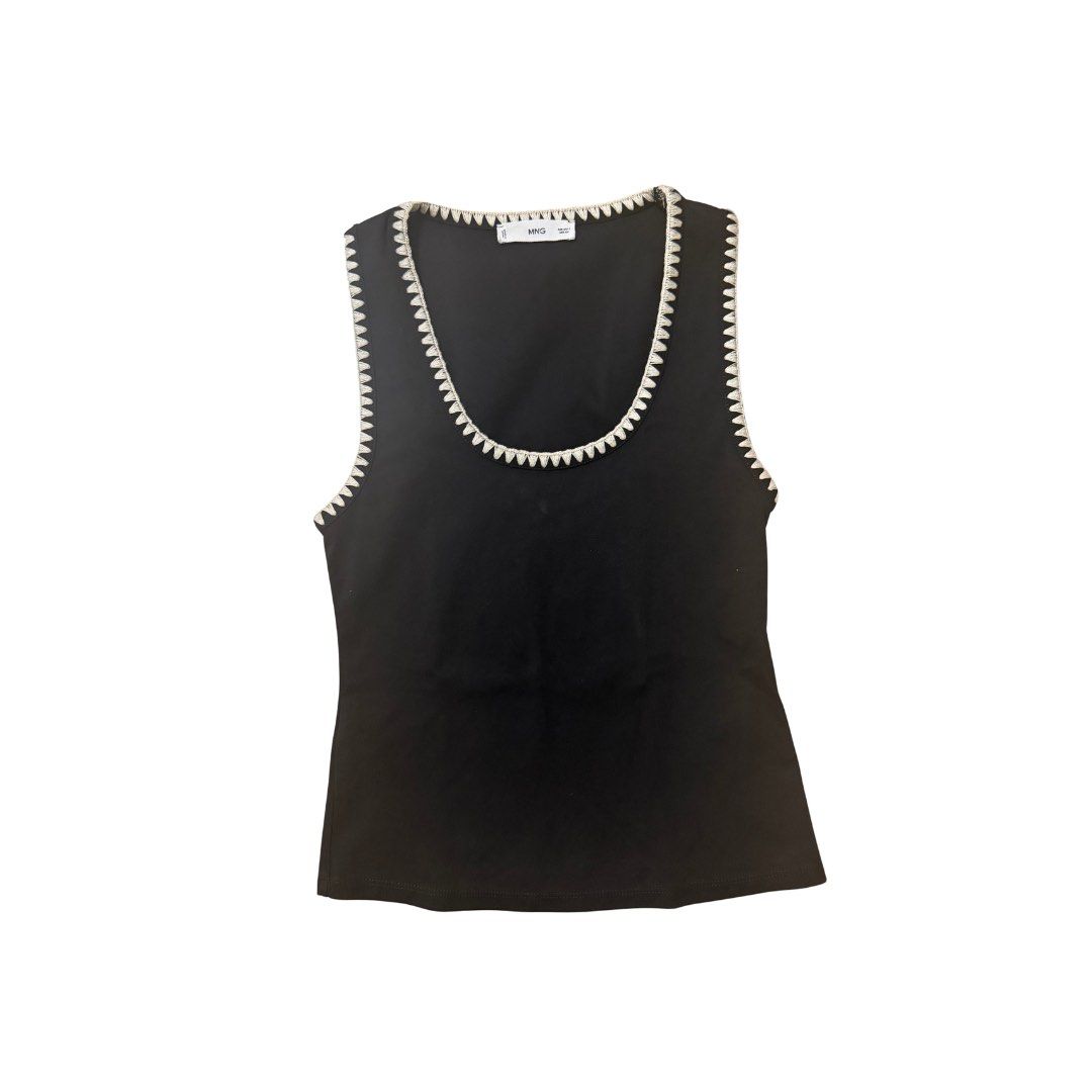 MANGO Black Scallop Trim Tank Top Size S (Category: Sleeveless) located in Quezon City. Submitted by bmason0408 (Listing ID 1470375490, Image 2). Description: - Brand: MNG - Style: Scoop neck black tank top with contrast cream crochet scalloped trim - Size: S - Origin: Made in China - Ideal for: Warm weather wear or layering 💰 MOP: Gcash/GoTyme 🚚 MOD: Shipping courier of customer’s choice (shipping fees SHOULDERED BY BUYER) [GoGoExpress, LaLaMo