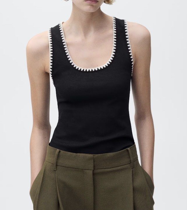 MANGO Black Scallop Trim Tank Top Size S (Category: Sleeveless) located in Quezon City. Submitted by bmason0408 (Listing ID 1470375490, Image 1). Description: - Brand: MNG - Style: Scoop neck black tank top with contrast cream crochet scalloped trim - Size: S - Origin: Made in China - Ideal for: Warm weather wear or layering 💰 MOP: Gcash/GoTyme 🚚 MOD: Shipping courier of customer’s choice (shipping fees SHOULDERED BY BUYER) [GoGoExpress, LaLaMo