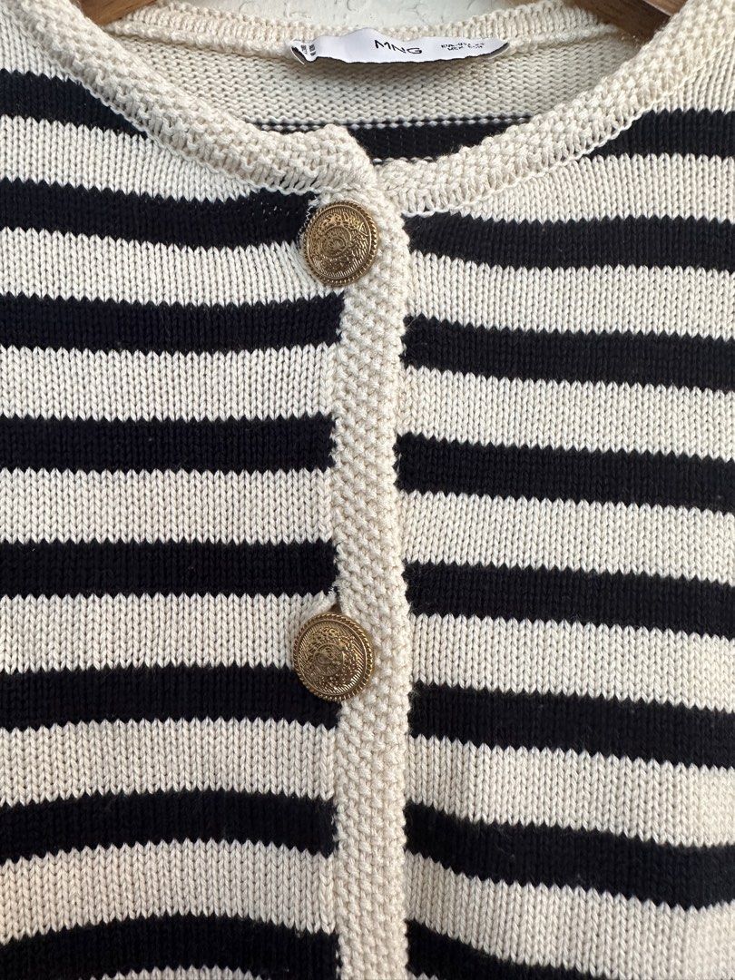 Mango Striped Button-Front Cardigan Size XS (Category: Longsleeves) located in Makati City. Submitted by piasab_ (Listing ID 1470417001, Image 3). Description: - Brand: Mango - Size: EUR-USA XS - Details: Round neckline, long sleeves, ribbed trim, and gold-toned embossed metal buttons - Condition: Great layering piece for cooler weather.