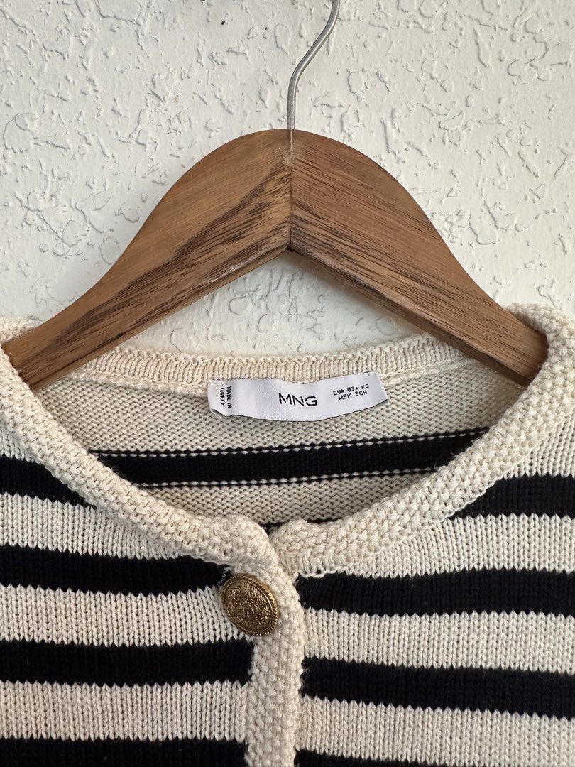Mango Striped Button-Front Cardigan Size XS (Category: Longsleeves) located in Makati City. Submitted by piasab_ (Listing ID 1470417001, Image 2). Description: - Brand: Mango - Size: EUR-USA XS - Details: Round neckline, long sleeves, ribbed trim, and gold-toned embossed metal buttons - Condition: Great layering piece for cooler weather.