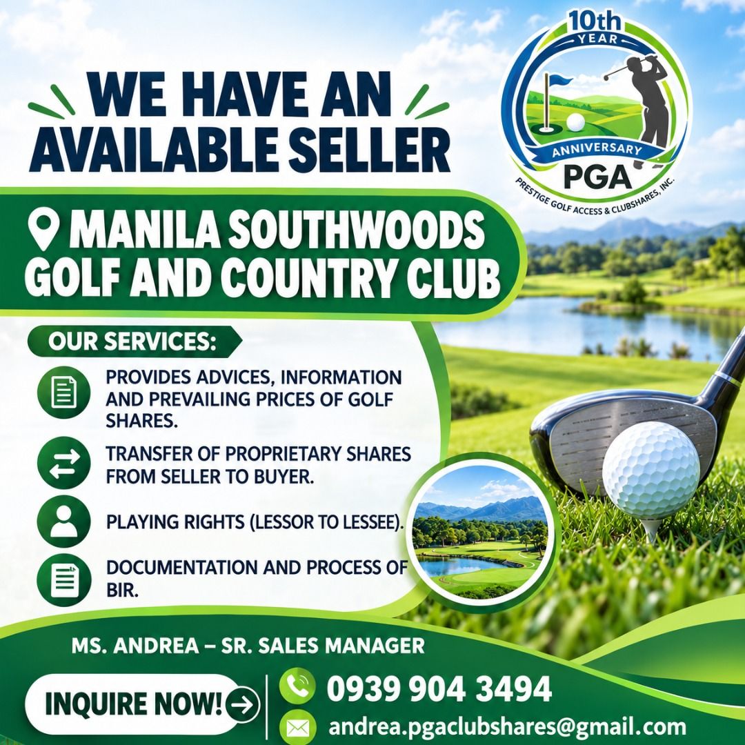 MANILA SOUTHWOODS GOLF (Category: Golf) located in Muntinlupa City. Submitted by andrea.pgaclubshares (Listing ID 1470425824, Image 1). Description: Good day, Golfers! 📢 We are currently looking for a buyer for Manila Southwoods Golf Club Share! Thank you! #PrestigeGolfAccess #GolfSharesPH #PGAClubShares #LiveWithPrestige #Golf.