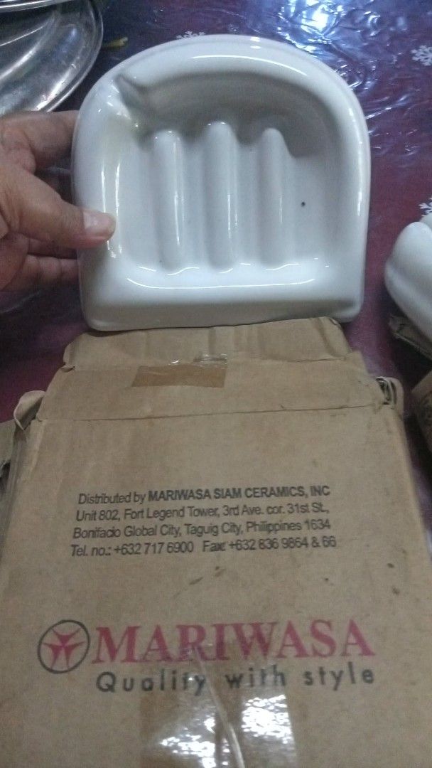 Mariwasa Ceramic Soap Holder (Category: Bathroom & Kitchen Fixtures) located in Manila. Submitted by wisegem-231b (Listing ID 1470397998, Image 2). Description: - Set of 2 Mariwasa ceramic soap holders - Distributed by Mariwasa Siam Ceramics (Taguig City) - Comes in original branded packaging - Classic white glazed ceramic finish - Wall-mounted design with internal drainage grooves - Clean and ready for installation.