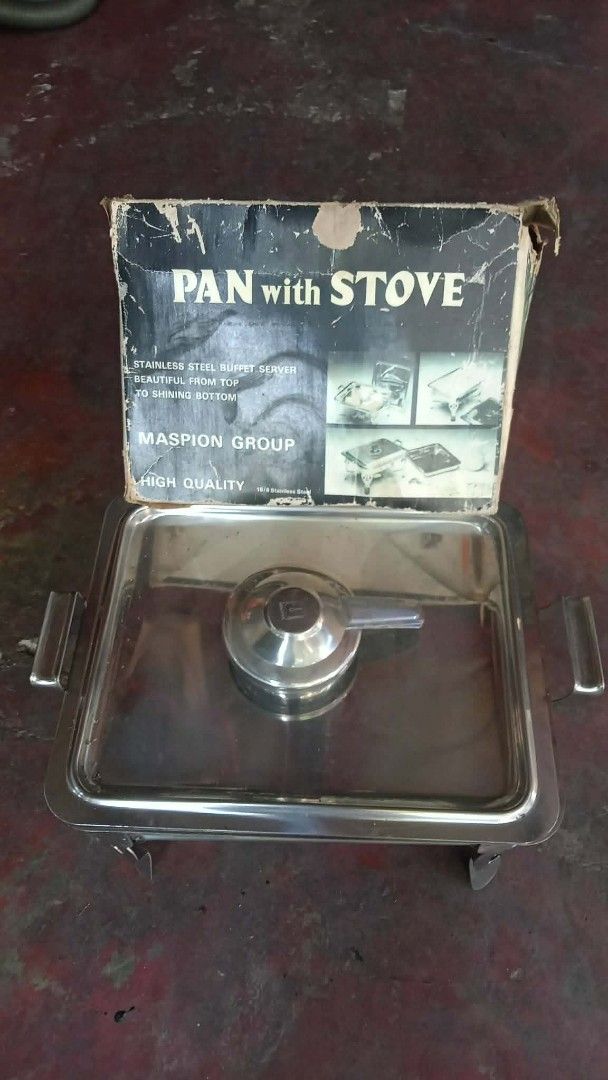 Maspion Group Pan with Stove Stainless Steel Buffet Server (Category: Cookware & Accessories) located in Manila. Submitted by wisegem-231b (Listing ID 1470391696, Image 1). Description: - Brand: Maspion Group - Material: High-quality stainless steel with glass lid - Complete set: Includes stands and burner - Condition: Brand new item in original box (box shows minor wear) - Perfect for: Parties, catering, and family gatherings - Easy to use and c