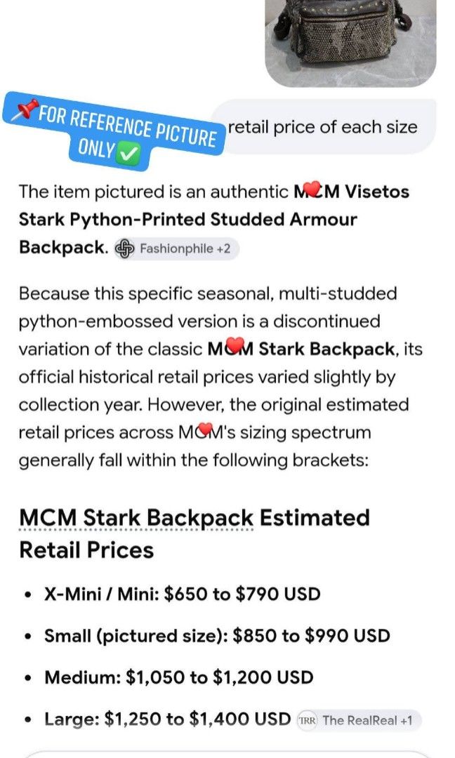MCM Stark Python Printed Studded Armour Backpack🎒 Authentic💯💯 (Category: Backpacks) located in Davao. Submitted by SecondhandItems97 (Listing ID 1470452403, Image 3). Description: Medium size Includes generic dustbag.