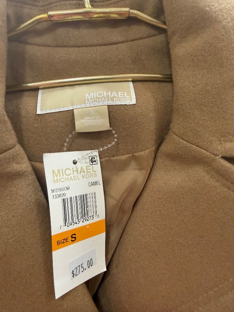 Michael Kors Camel Wool Trench Coat Size S (Category: Coats, Jackets and Outerwear) located in Quezon City. Submitted by docangela (Listing ID 1470443388, Image 3). Description: - Brand: Michael Kors - Style: Wool blend trench coat - Color: Camel brown - Size: S (Small) - Condition: Brand new with original $275 retail tag attached - Details: Double-breasted front, gold-toned logo buttons, structured lapel collar - Extras: Matching tie belt includ