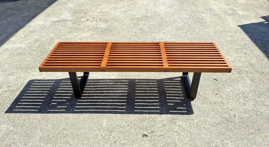 Midcentury modern slatted wooden bench (Category: Chairs) located in Mabalacat. Submitted by thenewcraf32843 (Listing ID 1470360186, Image 1). Description: Midcentury modern slatted wooden bench In great condition. Very sturdy, solid wood. Inspired piece on George Nelson slatted bench for Herman Miller. Dimensions: L60 x W18.5 x H14.5 inches Price: 9k only We do shipping via lalamove / victory liner drop & go. Dm to inquire.
