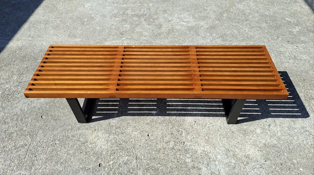 Midcentury modern slatted wooden bench (Category: Chairs) located in Mabalacat. Submitted by thenewcraf32843 (Listing ID 1470360186, Image 3). Description: Midcentury modern slatted wooden bench In great condition. Very sturdy, solid wood. Inspired piece on George Nelson slatted bench for Herman Miller. Dimensions: L60 x W18.5 x H14.5 inches Price: 9k only We do shipping via lalamove / victory liner drop & go. Dm to inquire.