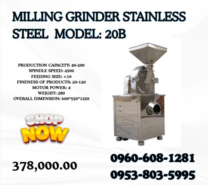 Milling Grinder Stainless Steel MODEL: 20B (Category: Everything Else Others) located in Caloocan City. Submitted by goldenriver-a9d0 (Listing ID 1470432630, Image 1). Description: ●PRODUCTION CAPACITY: 40-200 ●SPINDLE SPEED: 4500 ●FEEDING SIZE: <10 ●FINENESS OF PRODUCTS: 20-120 ●MOTOR POWER: 4 ●WEIGHT: 280 ●OVERALL DIMENSION: 600*550*1250 .
