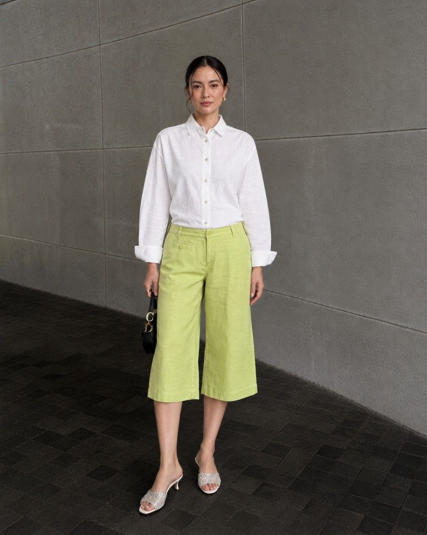MNG Lime Green Linen Cropped Pants (Category: Jeans) located in Quezon City. Submitted by katya.closet (Listing ID 1470463144, Image 1). Description: - Brand: MNG (rare finds) - Color: Bright lime green - Material: Lightweight linen fabric - Fit: Mid-rise with relaxed calf-length cut - Details: Front button closure, belt loops, back welt pockets with buttons - Condition: Clean inside and out - Style Tip: Great for warm weather, pair with a simple