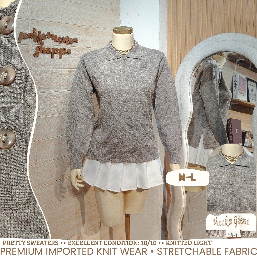 Mocka Giene Grey Knit Polo Sweater M-L No issues (Category: Longsleeves) located in Bulacan. Submitted by alyssarys (Listing ID 1470535546, Image 1). Description: - Brand/Model: Mocks Giene - Size: M-L - Color: Grey - Material: Lightweight stretch knit - Details: Collared neckline, button placket, ribbed cuffs and hem - Style: Clean look, versatile for pairing with skirts or trousers.