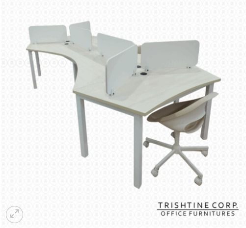 Modern Oblique Design 6-seater Workstation Pod w/ Screen Panel (Category: Office Furniture & Fixtures) located in Caloocan City. Submitted by jim.trishtineofficefurnitures (Listing ID 1470433386, Image 1). Description: - Brand: Trishtine Corp Office Furnitures - Setup: Curved multi-person modular desk layout with white privacy divider panels - Design: Light wood grain laminate top with sturdy white metal support legs - Features: Built-in cable ma