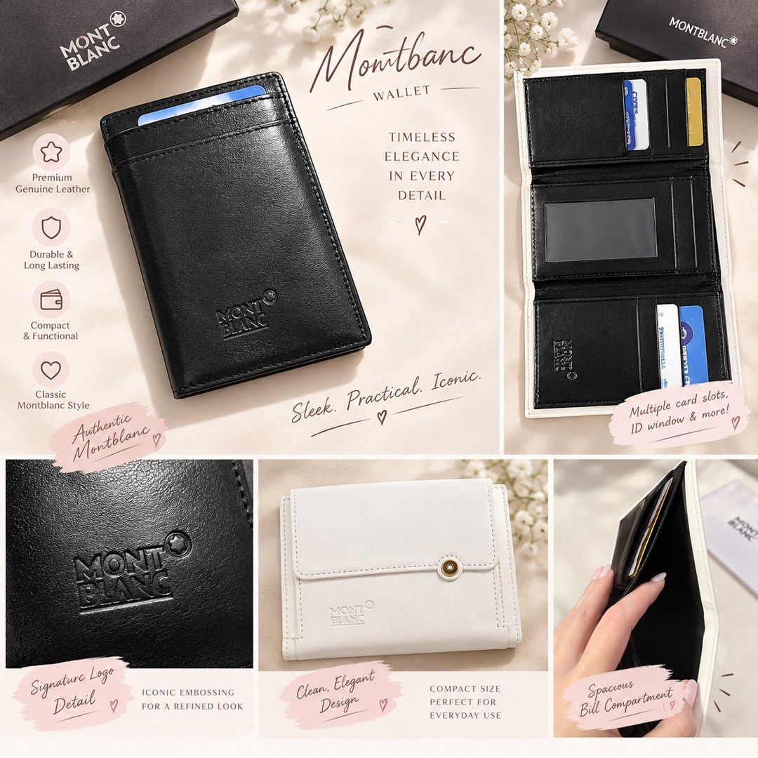 Montblanc Leather Wallet (Category: Wallets & Card Holders) located in Paranaque City. Submitted by zen_80 (Listing ID 1470353038, Image 2). Description: - Brand: Montblanc - Color: Black and White - Design: Compact daily carry with embossed logo - Storage: Multiple card slots, ID window, and spacious bill compartment - Closure: Secure flap with snap button - Condition: Brand new / Excellent quality - Mode of Payment: GCash, Bank Transfer, or COD
