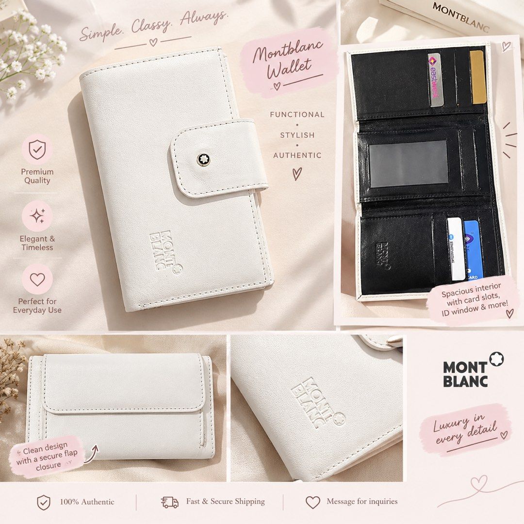 Montblanc Leather Wallet (Category: Wallets & Card Holders) located in Paranaque City. Submitted by zen_80 (Listing ID 1470353038, Image 1). Description: - Brand: Montblanc - Color: Black and White - Design: Compact daily carry with embossed logo - Storage: Multiple card slots, ID window, and spacious bill compartment - Closure: Secure flap with snap button - Condition: Brand new / Excellent quality - Mode of Payment: GCash, Bank Transfer, or COD