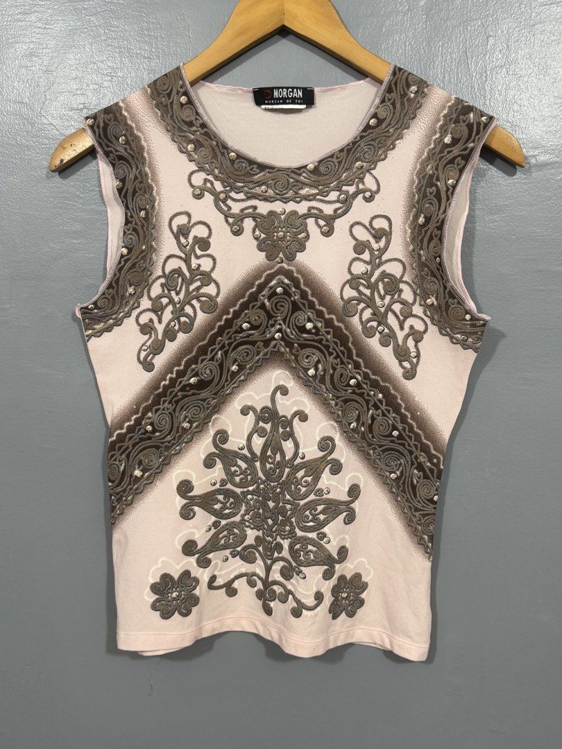 Morgan De Toi - Mesh Top (Category: Sleeveless) located in Manila. Submitted by sophisticatedgoons (Listing ID 1470473711, Image 1). Description: Morgan De Toi Mesh Printed Top Size: Small women's Dimes: 16 x 21 Very good condition No issue Cut long washcare Authentic and Presentable.