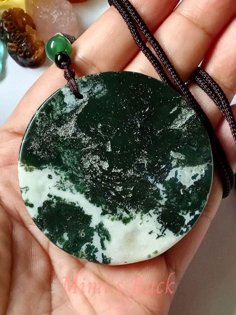 Moss Agate Round Pendant Rope Necklace (Category: Necklaces) located in Taguig. Submitted by mimisrack (Listing ID 1470531169, Image 2). Description: 💚💰 Wealth & Abundance — associated with prosperity, financial growth, and attracting new opportunities. 🍀 Good Luck & Fortune — symbolizes blessings, success, and favorable beginnings. 🌱 Growth & New Beginnings — represents renewal, personal development, and flourishing opportunities. 🧘 Calmnes