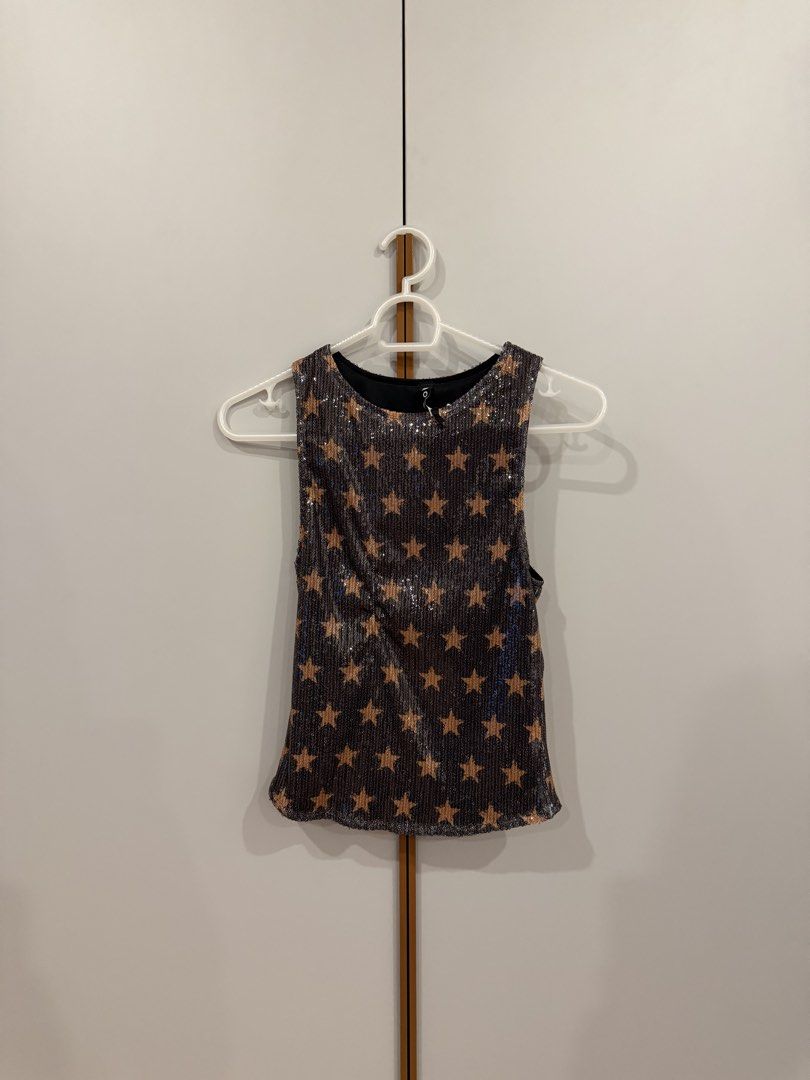 MOTEL ROCKS Sequin Star Print Sleeveless Top (Category: Sleeveless) located in Muntinlupa City. Submitted by closet.natalia (Listing ID 1470477907, Image 2). Description: MOTEL ROCKS Sequin Star Print Sleeveless Top ● Brand: MOTEL ● Size: XXS ● Color: Dark grey with brown stars ● All-over sequin detailing with star print ● Sleeveless with round neckline ● Fitted silhouette ● Fully lined 📌 Condition: Brand new, never been worn 📌 RFS: Not my styl