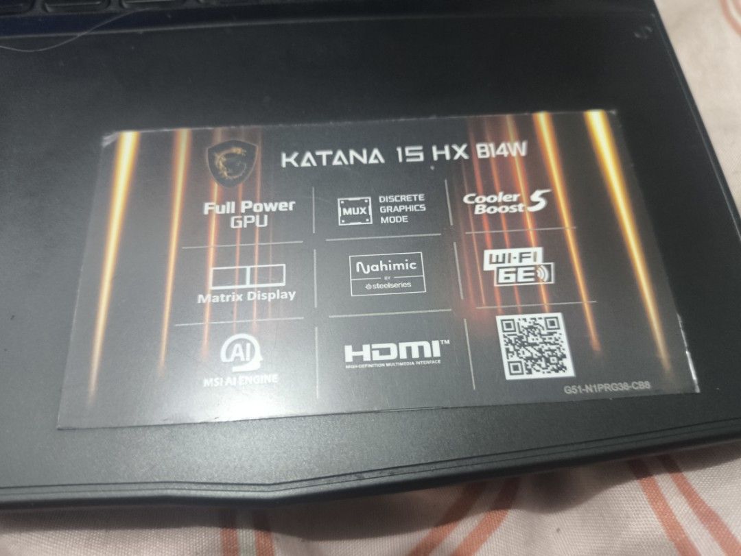 MSI Katana 15 HX B14WGK (Category: Laptops & Notebooks) located in Quezon City. Submitted by miguelgarcia99 (Listing ID 1470524921, Image 3). Description: MSI Katana 15 HX B14WGK Gaming Laptop - Processor: Intel Core i7-14650HX (16 cores, 24 threads, up to 5.2GHz) - Graphics Card: NVIDIA GeForce RTX 5070 Laptop GPU, 8GB GDDR7 - Display: 15.6-inch QHD (2560 × 1440), 165Hz - RAM: 16GB DDR5 (upgradeable) - Storage: 1TB PCIe Gen 4 NVMe SSD - Operatin