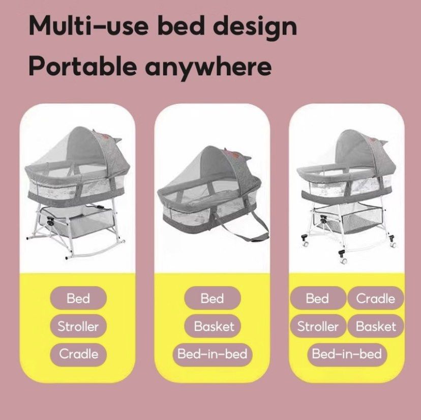 Multi-use Portable Baby Bed Cradle Stroller With Storage Basket (Category: Cots & Cribs) located in Taguig. Submitted by mumpreloveddd (Listing ID 1470382872, Image 2). Description: - Color: Grey - 4-in-1 Multi-functional: Converts into a baby bed, stroller, cradle, or portable basket - Mobile & Convenient: Equipped with smooth wheels for easy room-to-room movement - Extra Storage: Features a lower rack to keep baby essentials organized - Comfort
