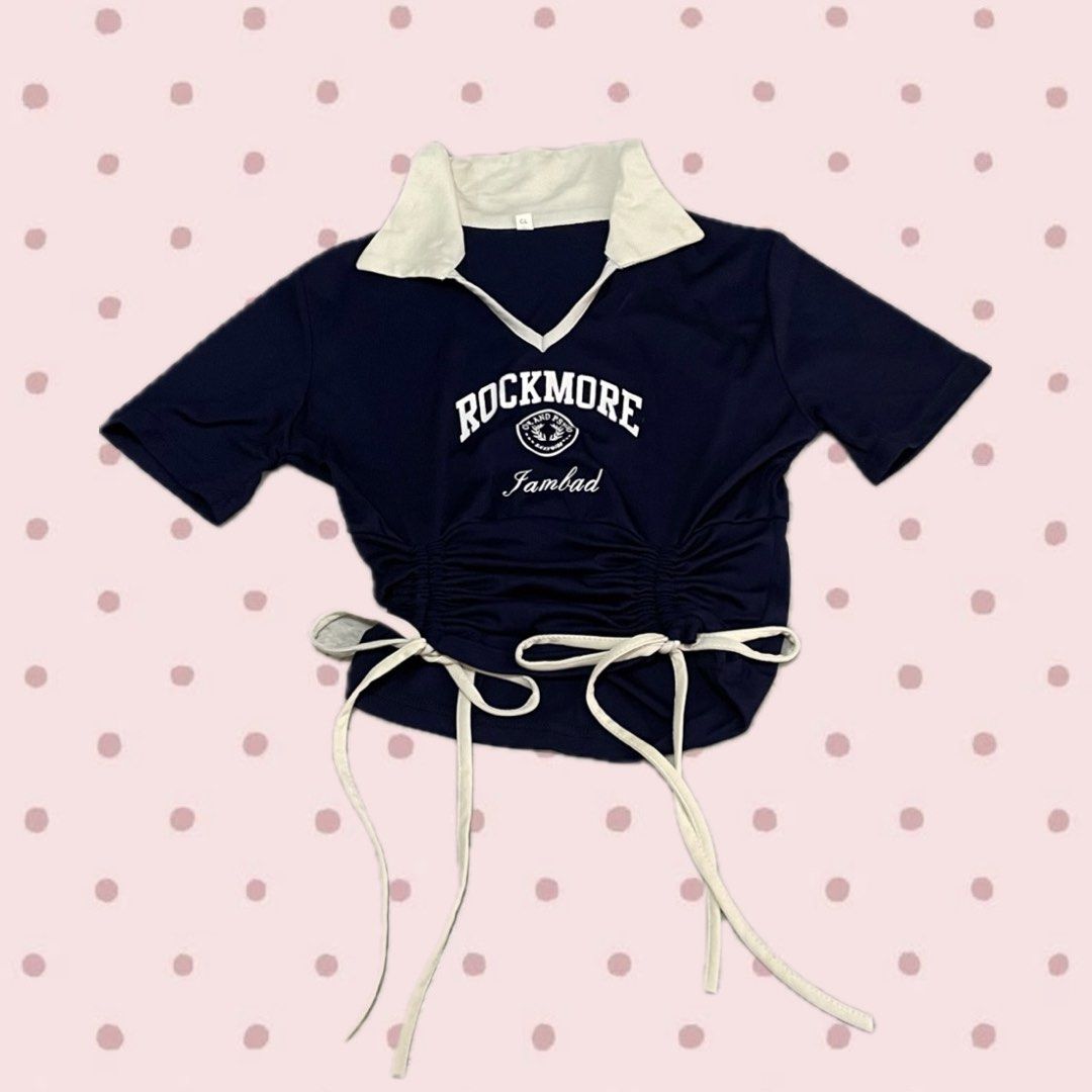 Navy Blue Contrast Collar Ruched Tie-Front Top (Category: Shirts) located in Bacoor. Submitted by s4dee (Listing ID 1470543529, Image 1). Description: size: s - contrast collar - ruched front with adjustable tie strings - fitted silhouette.
